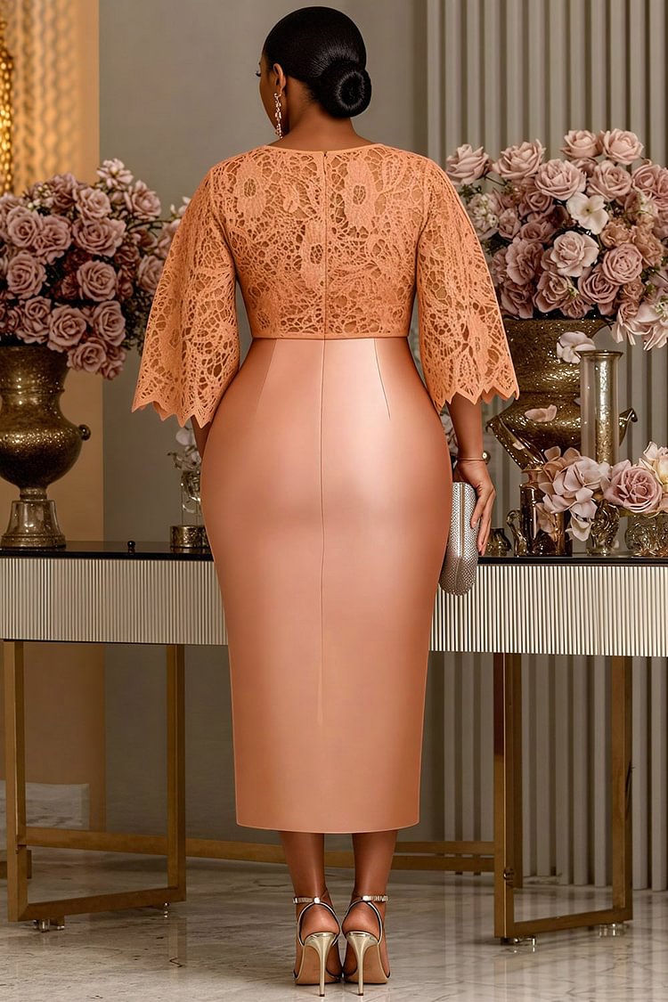 Xpluswear Design Plus Size Wedding Guest Rose Gold Round Neck Flare 3/4 Sleeve Split Elegant Bodycon Satin Midi Dresses [Pre-Order]