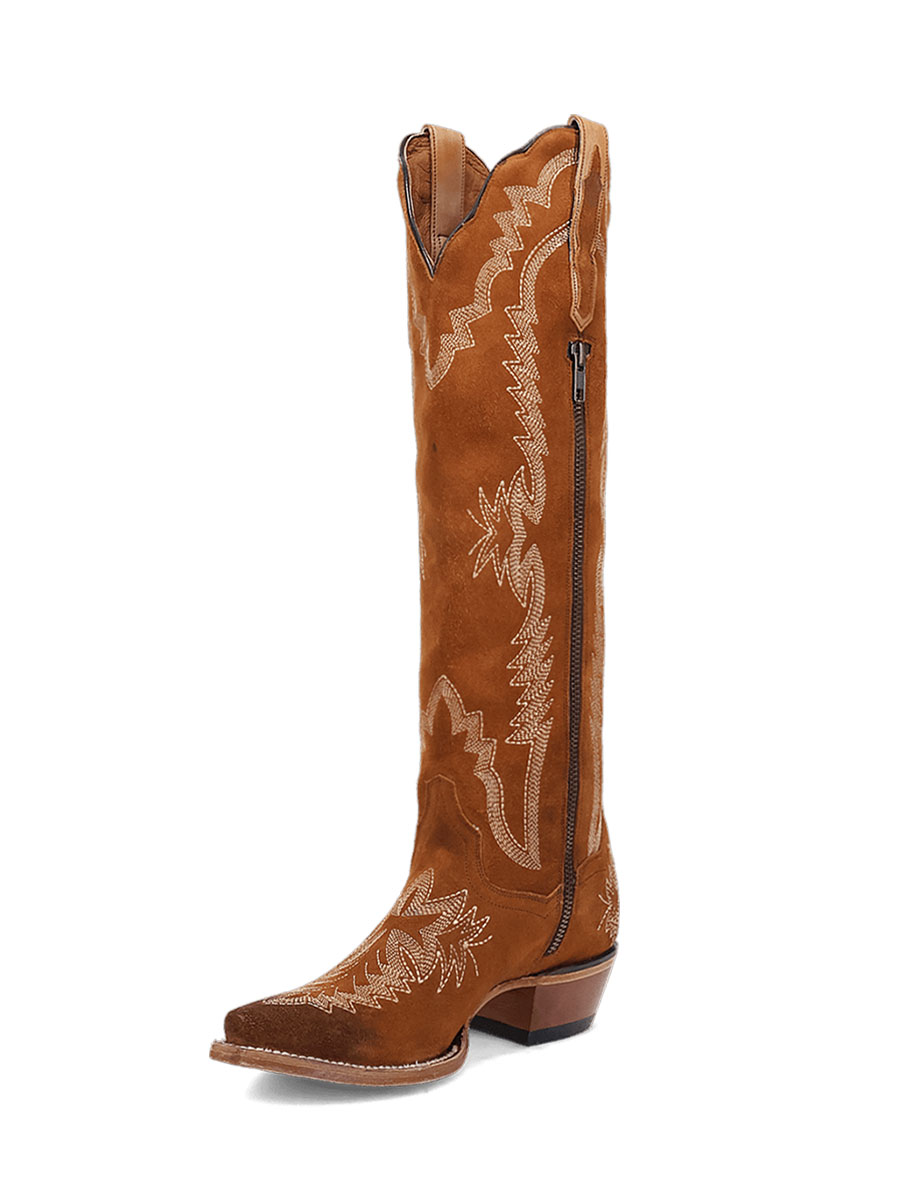 Brown Vegan Suede Snip Toe Chunky Heel Embroidered Cowgirl Boots