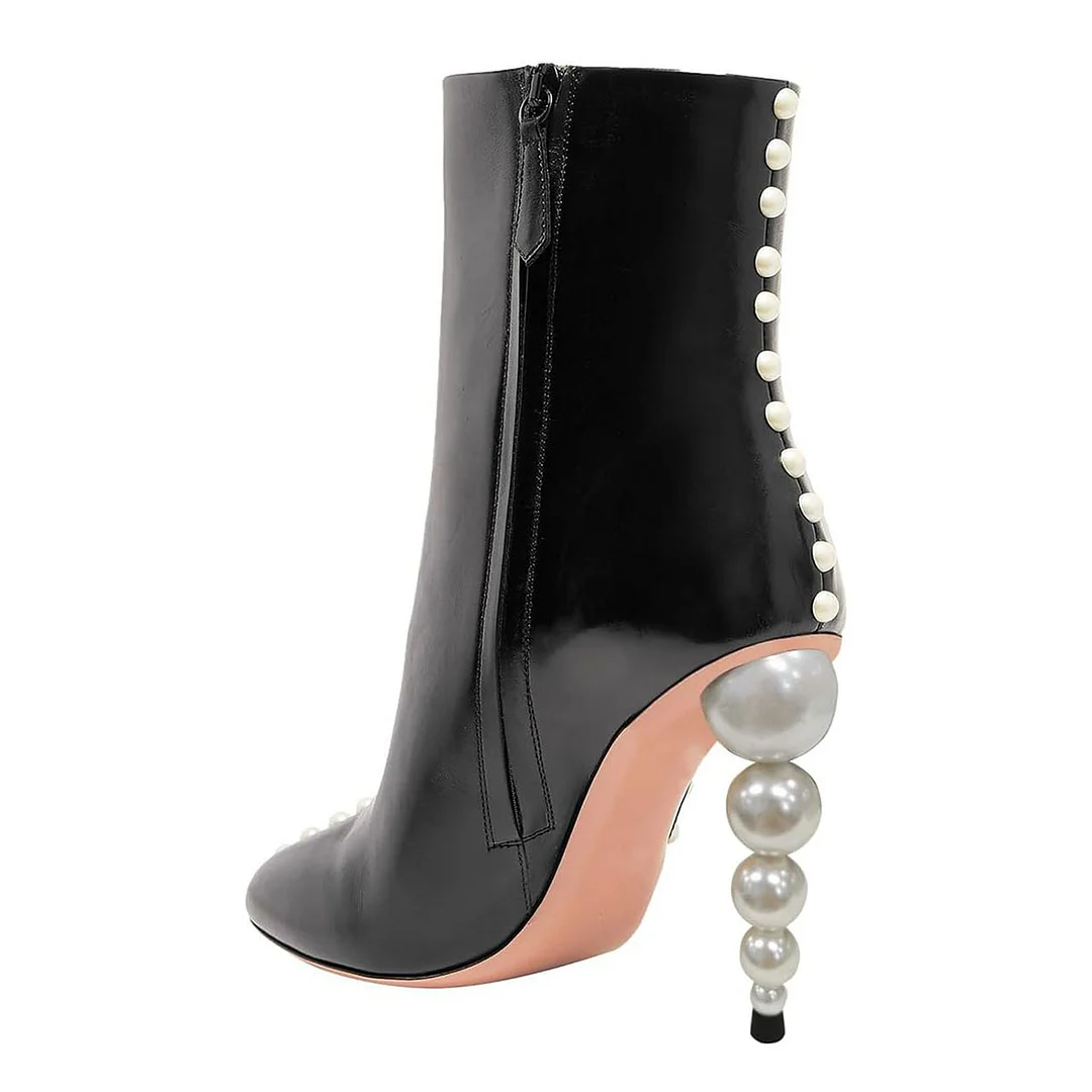 Black Vegan Leather Pointed Toe Pearl Embellished Heel Ankle Boots