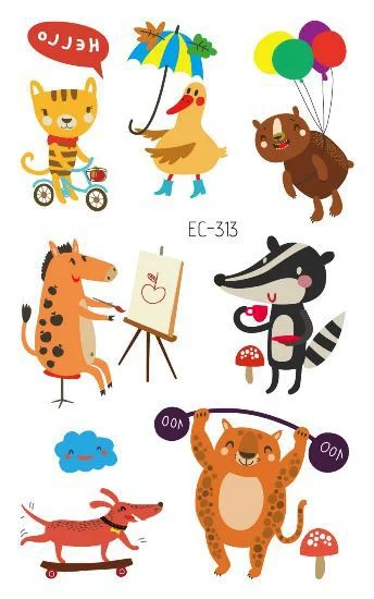 24 kinds Cartoon Animals Temporary Tattoo Stickers for Kids Lion Tiger Giraffe Elephant Fox Hedgehog Turtle tatouage temporaire