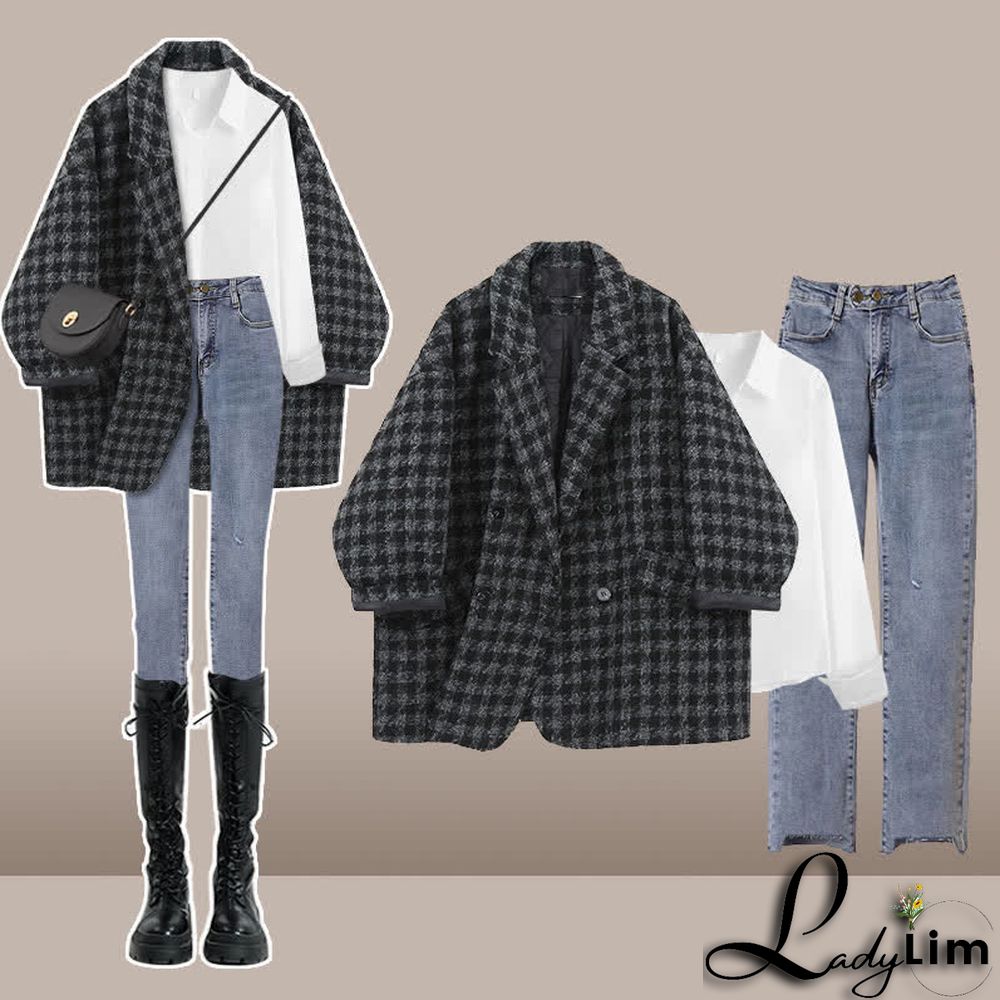 Chic Lattice Print Lapel Blazer T-Shirt High Waist Slim Denim Pants