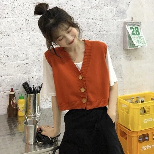 Sweater Vest Women V-neck Crop Top Solid Korean Style Single-breasted Chic All-match Preppy Stylish Simple Womens New Casual Ins