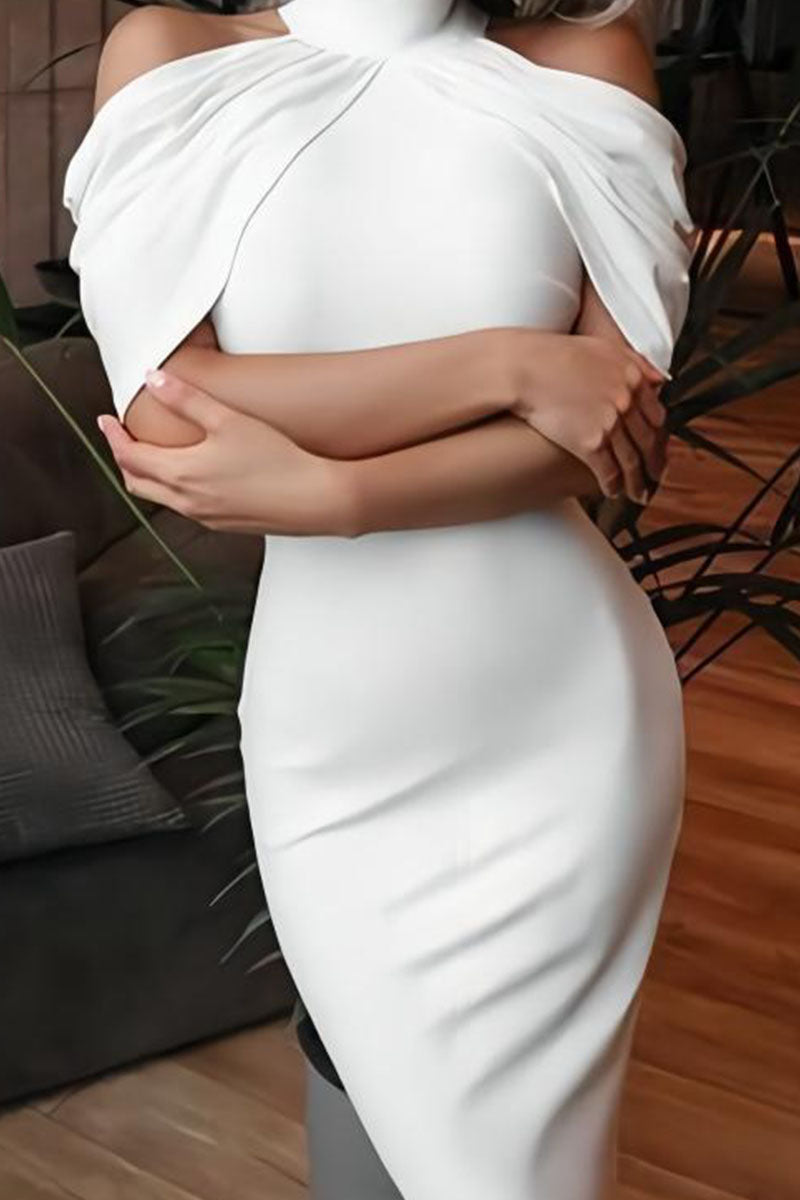 Elegant Solid Flounce Fold Turtleneck Evening Dress