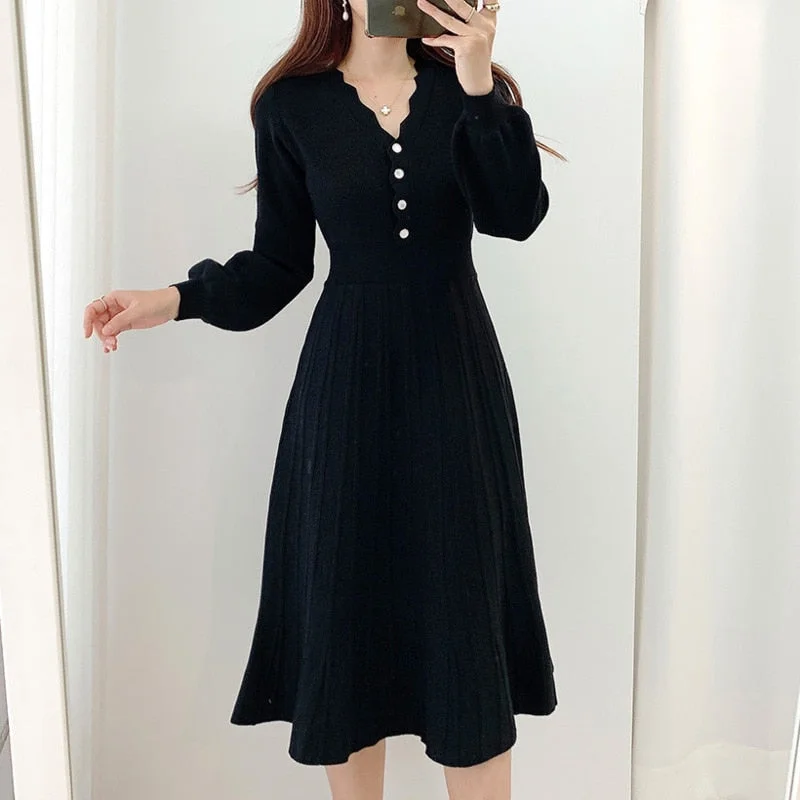 Graduation Gifts   One Piece Korean Pleated Dress 2022 New Spring Long Sleeve Slim Woman Sweater Dresses Knitted Vintage Elegant Midi Party Dress