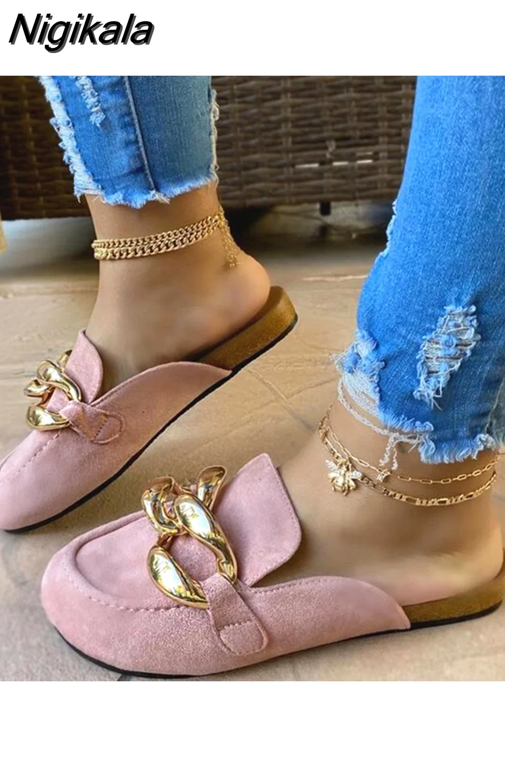 Nigikala Shoes Women Slippers Flats Designer Slides Size 43 White Black Luxury Big Chain Sandals Moda Feminina Verao 2023 Pantoufle 405-1
