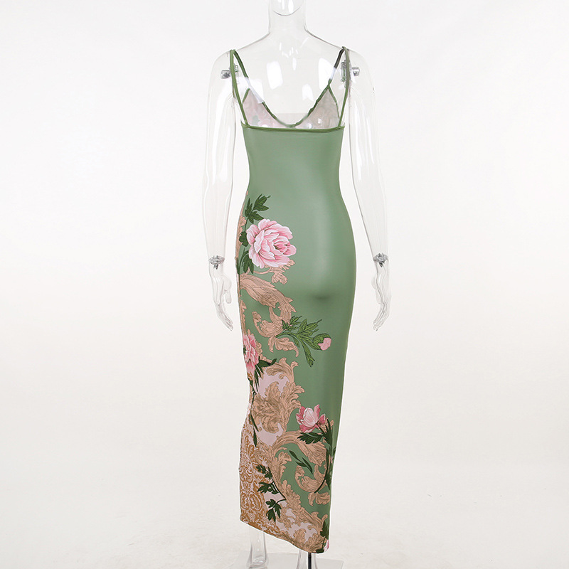 Ootddress Printed Slim Halter Dress Female Casual Backless Summer V-Neck Maxi Dress Elegant Fashion Sleeveless Women Party Dress