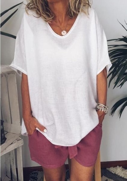 Women Summer Loose Tops V-neck Short Sleeve T-shirt Ladies Fashion Pure Color Pullovers Plus Size Casual Linen Blouse Lady Shirts XS-8XL - Shop Trendy Women's Clothing | LoverChic