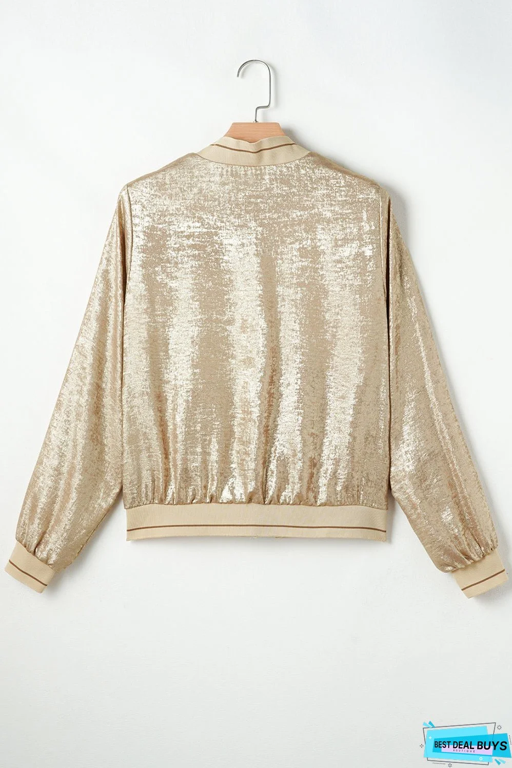Pale Khaki Metallic Zip up Baseball Jacket