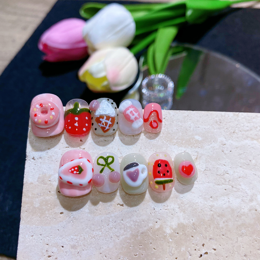 Playful Dopamine Sweet Shop Donut Pink Hand-Painted Doodle Press-On Nails