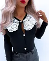 Guipure Lace Patch Buttoned Knit Cardigan