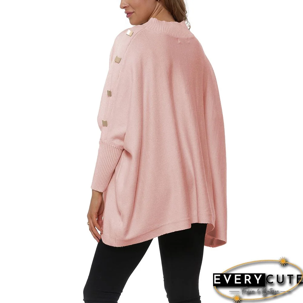 Light Pink Bat Sleeve Button Shoulder High Collar Sweater