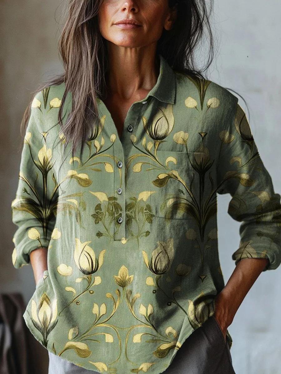 Women's Vintage Lovely Floral Art Print Casual Cotton And Linen Shirt