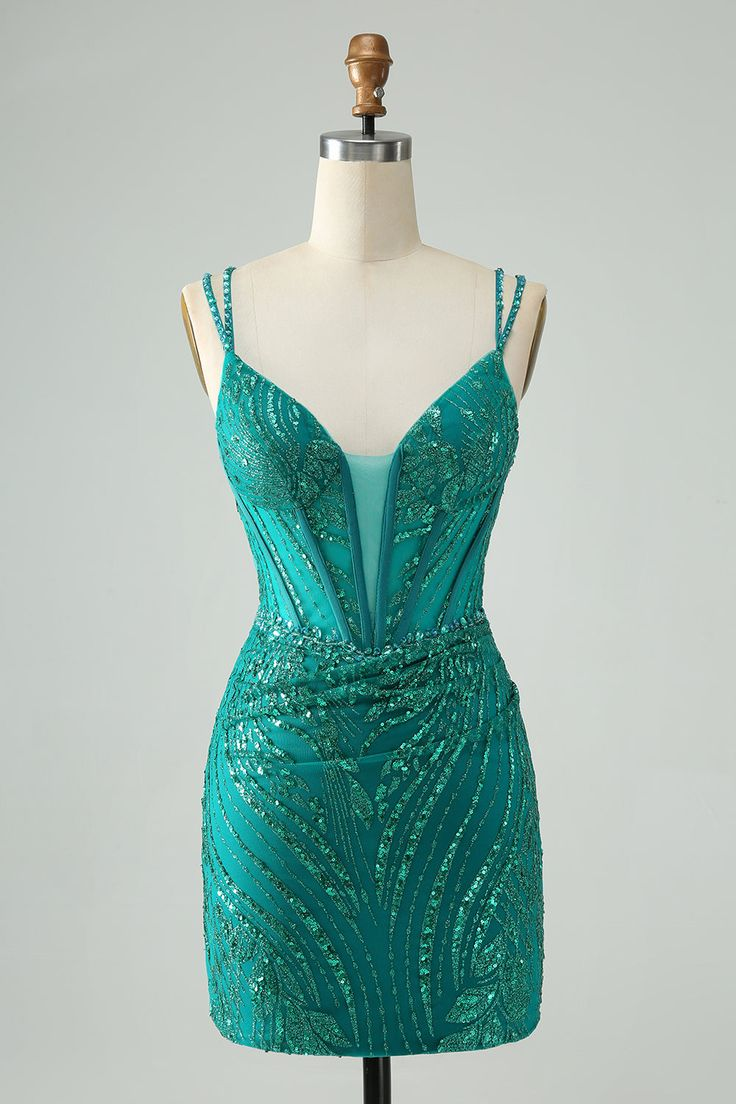 Lussooy Emerald Shinning Sequins Spaghtti Strap Sleeveless Short Homecoming Dress with Pleated 