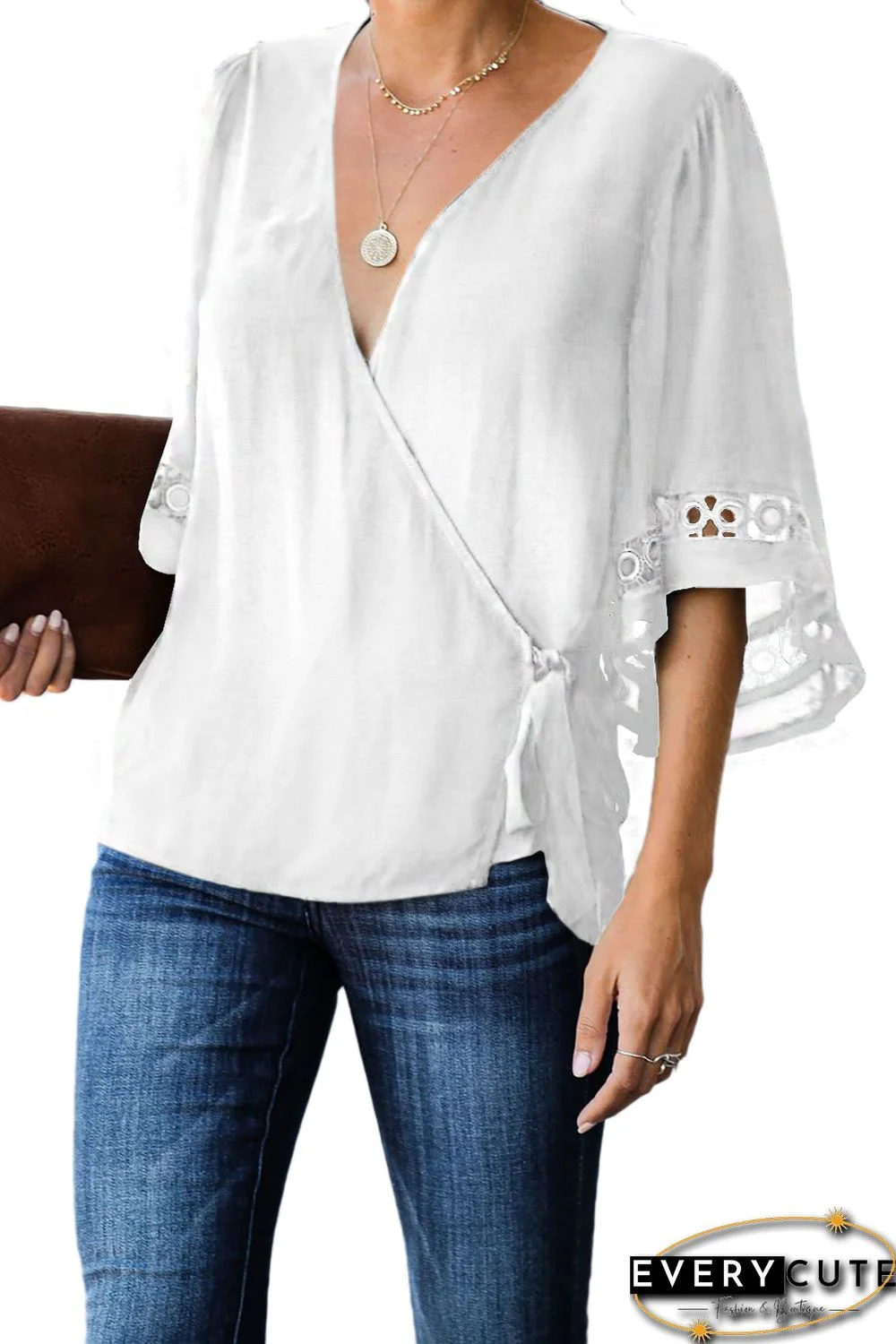 White Crochet Trim Wrap Blouse