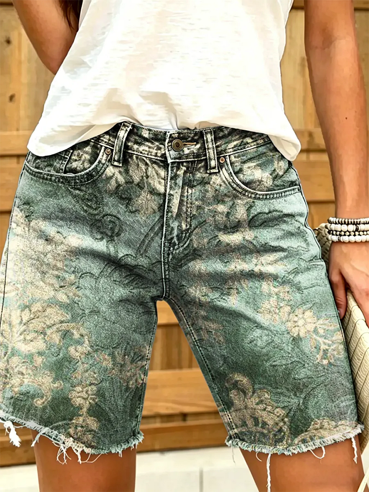 Women's Vintage Ornate Print Denim Bermuda Shorts