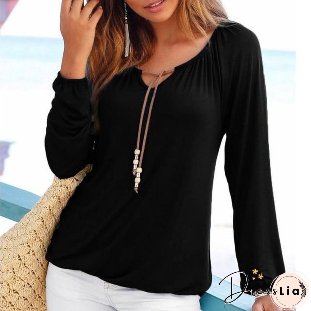 Women Solid Color V Neck Solid Tops Bowknot Long Sleeve Shirt Loose Comfort Blouse