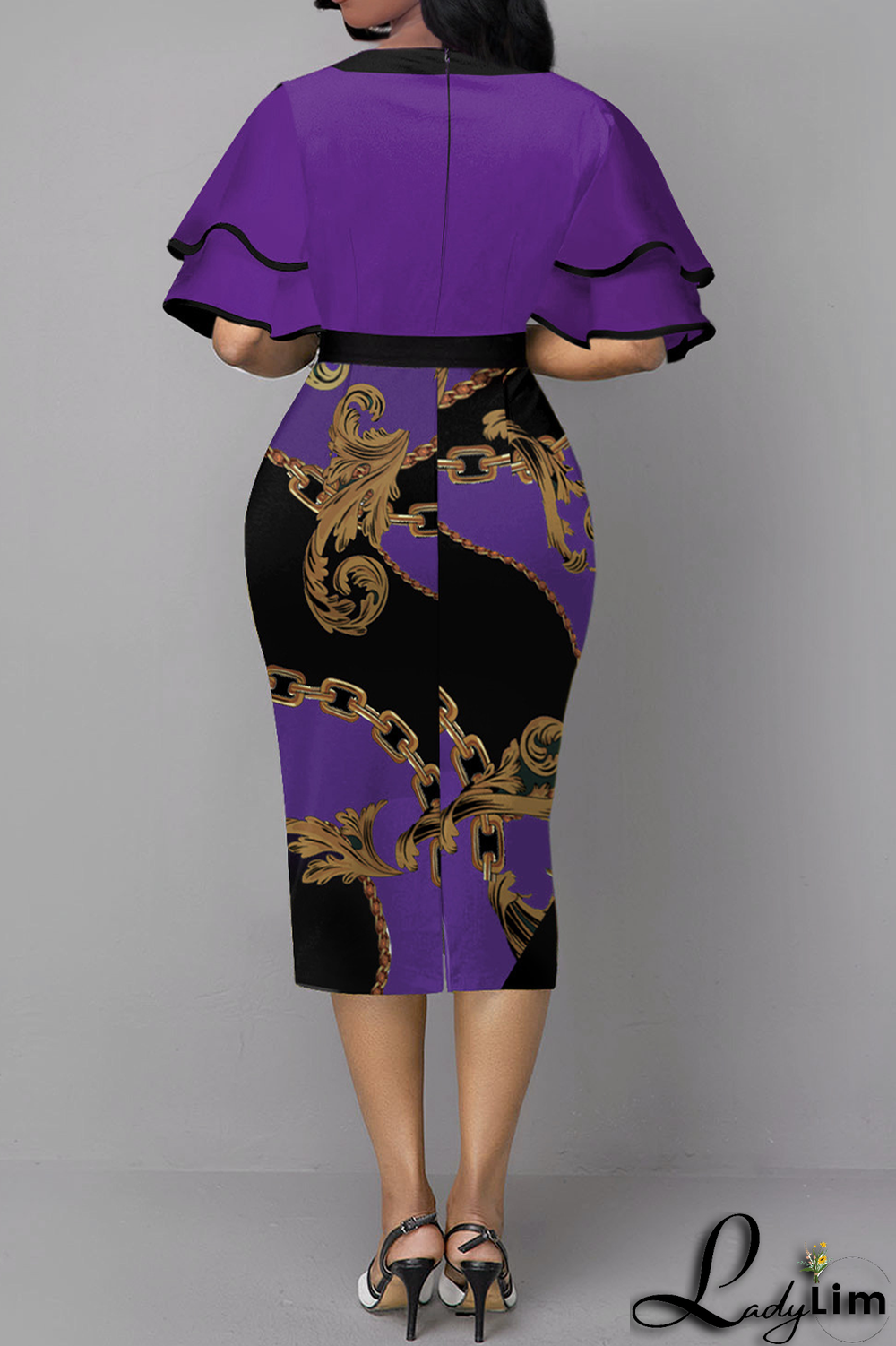 Blue Vintage Print Flounce O Neck Pencil Skirt Dresses