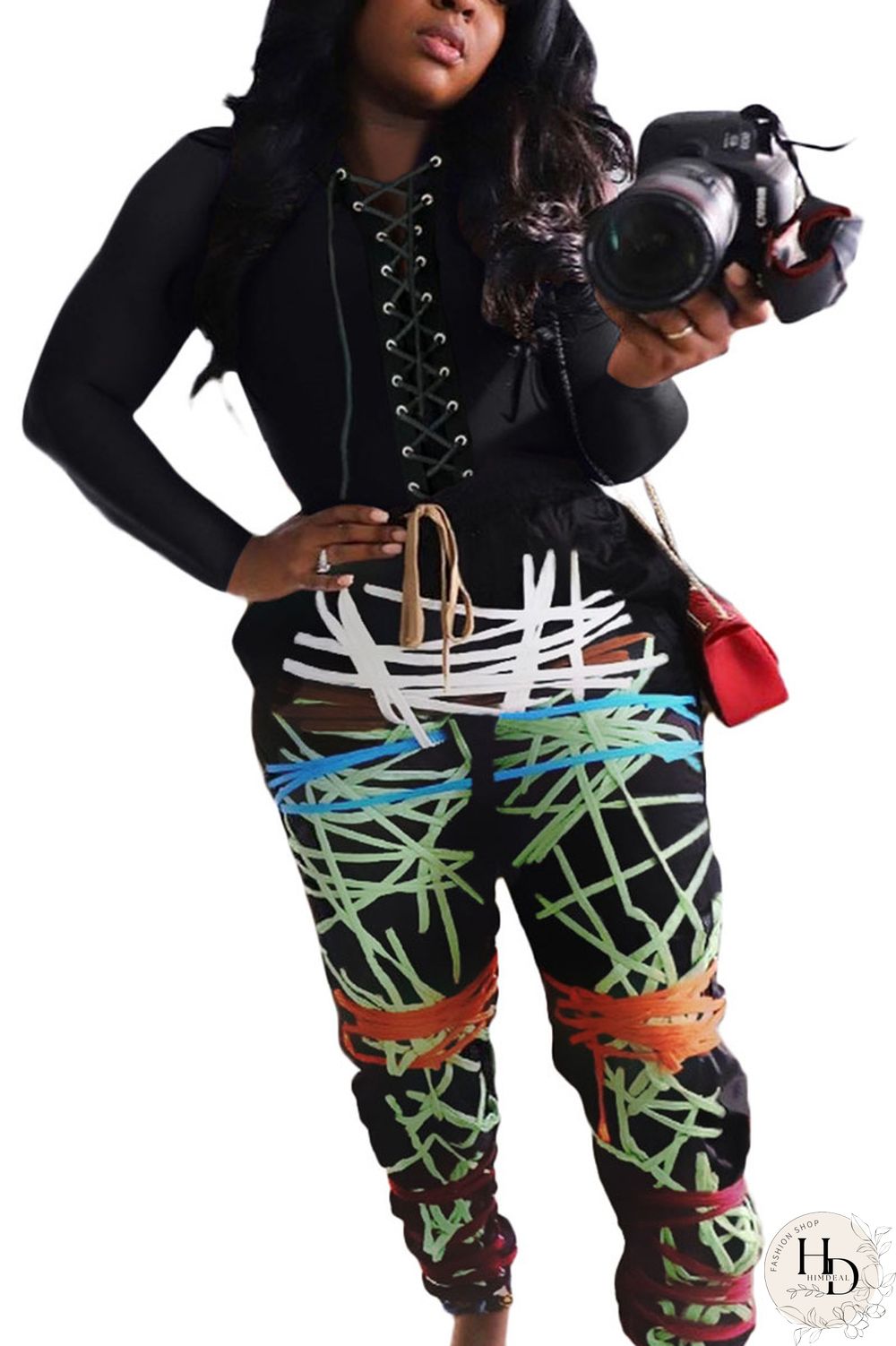 Wine Red Sexy Print Bandage O Neck Long Sleeve Regular Sleeve Regular Two Pieces