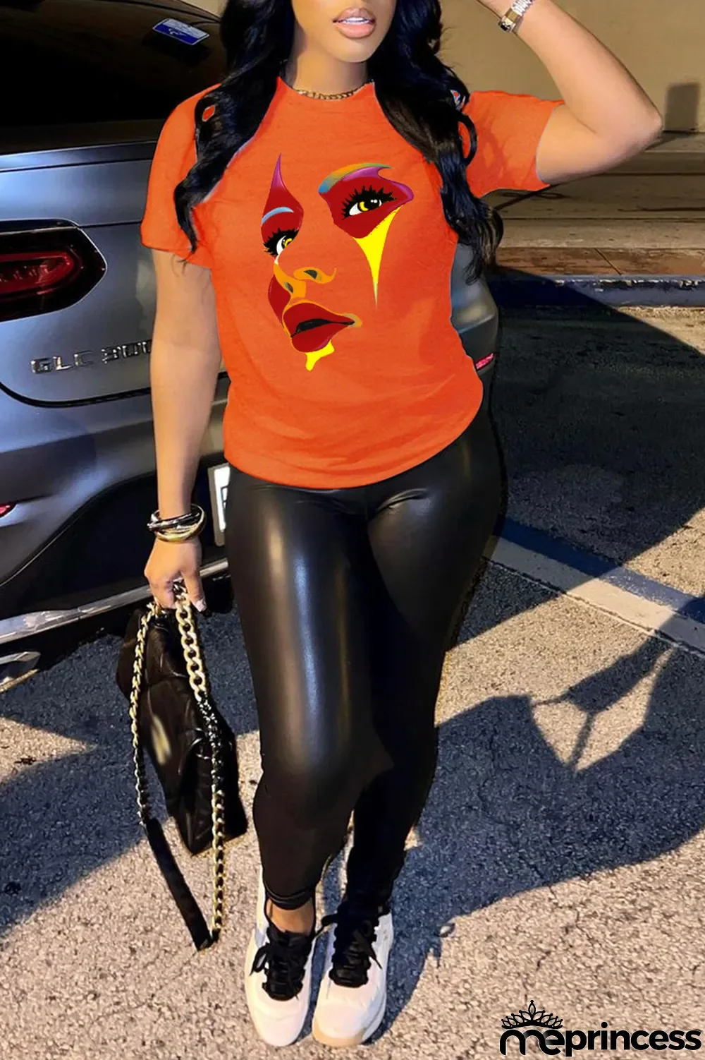 Black Street Print Patchwork O Neck T-Shirts