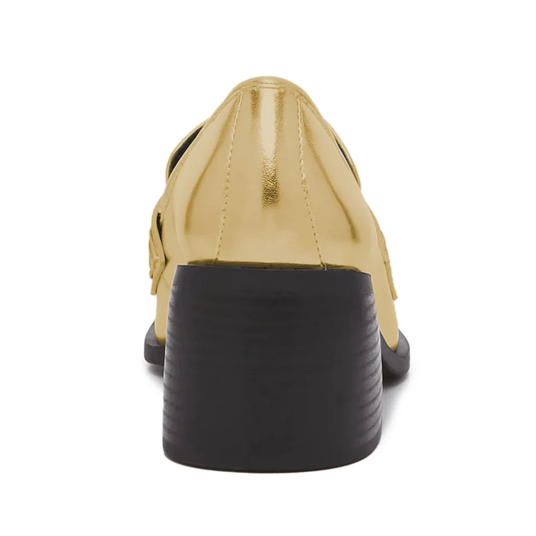 YDN Gold Metallic Finish Square Toe Block Heel Women's Loafers