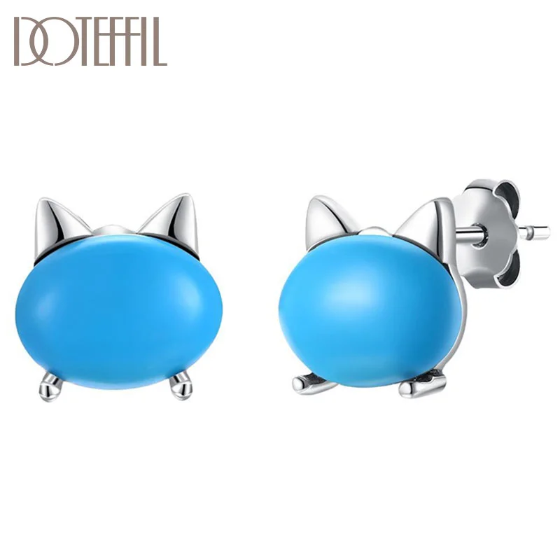 DOTEFFIL 925 Sterling Silver Charm Blue Cat Ear Studs Earrings Women Jewelry 