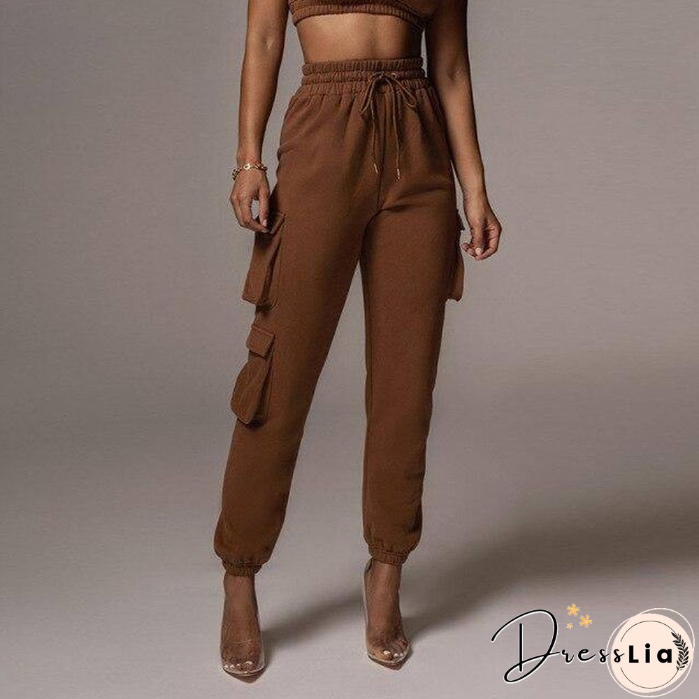 2 Piece Women Sports Casual Set Sweatshirt Crop Tops Pocket Sweatpants Baggy Pants Tracksuit Streetwear Joggers Summer Outfits