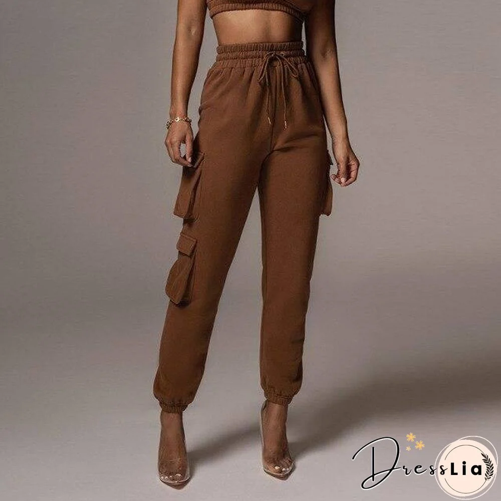 2 Piece Women Sports Casual Set Sweatshirt Crop Tops Pocket Sweatpants Baggy Pants Tracksuit Streetwear Joggers Summer Outfits