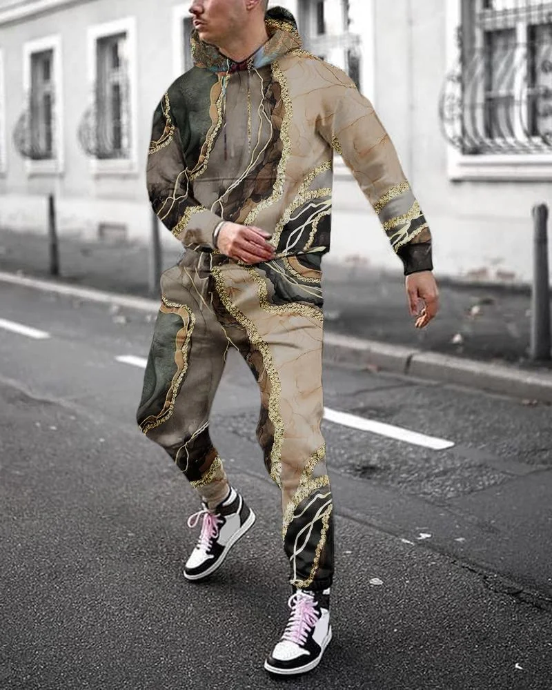Men's Casual Marble Printing Long-sleeved Suit