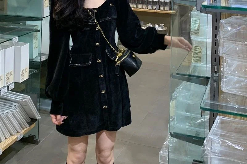 Long-Sleeve Square Neck Single-Breasted Velvet Mini Dress YP2785