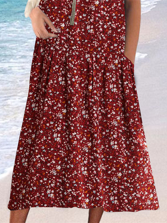 Women Half Sleeve V-neck Solid Color Dress