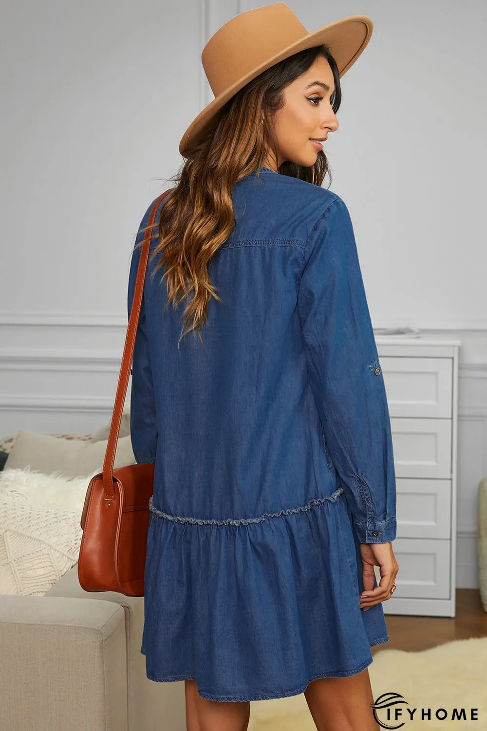 Pocketed Ruffled Denim Shirt Mini Dress | IFYHOME