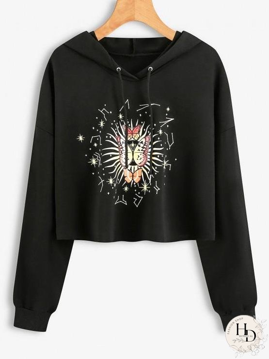 Drawstring Butterfly Graphic Raw Cut Hoodie for Women