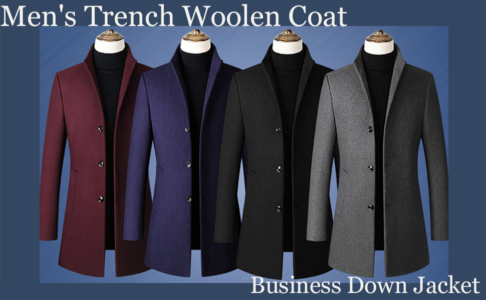 Minibee Men's Trench Woolen Coat Winter Stylish Long Luxury Wool Blend Topcoat Business Down Jacket