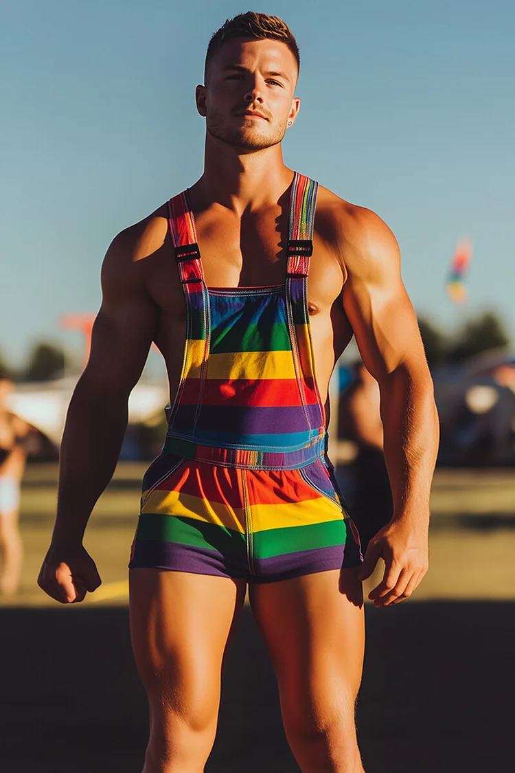 Ciciful Men's Rainbow Stripe Slim Fit Pride Festival Short Overalls 