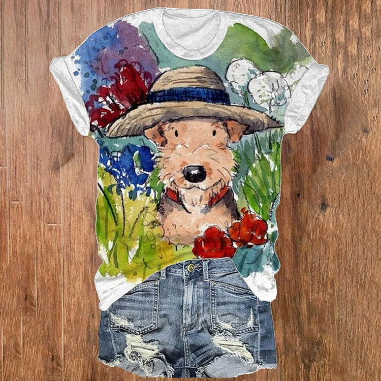 Vintage Watercolor Dog Graphic Round Neck T-Shirt