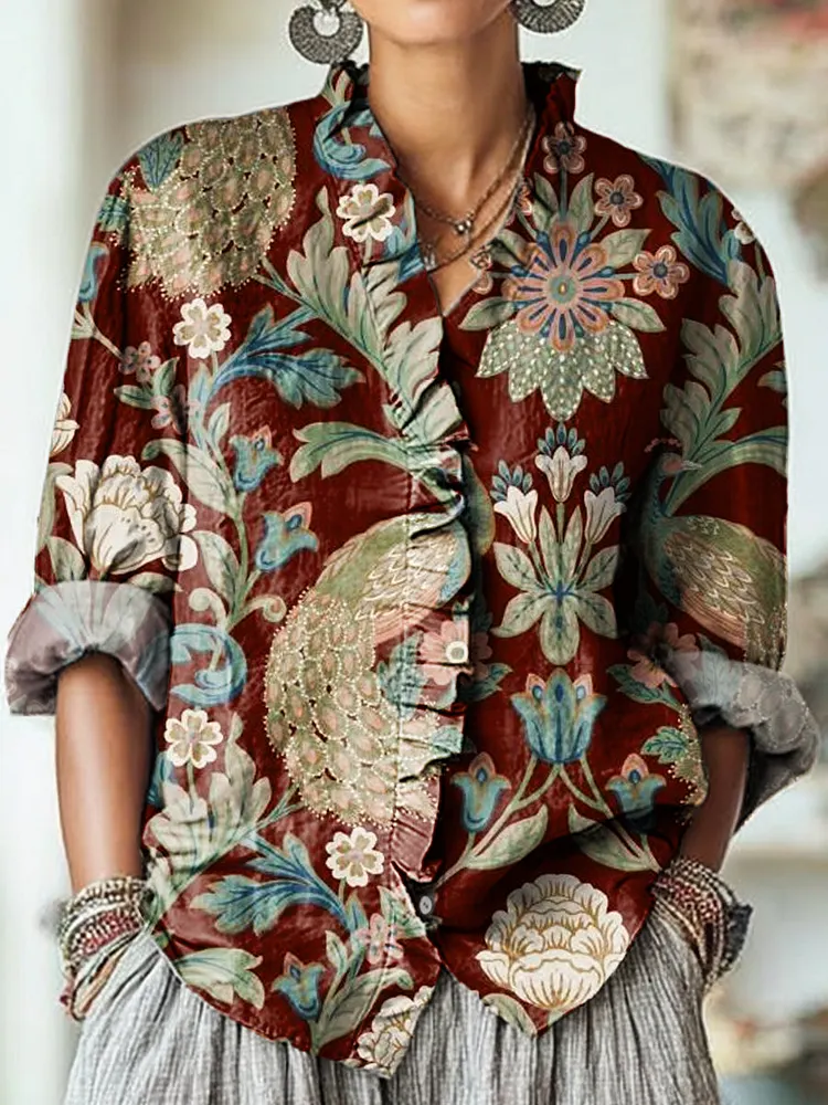 Women's Vintage Ethnic Floral Peacock Pattern Art Print Casual Cotton And Linen Ruffle Shirt