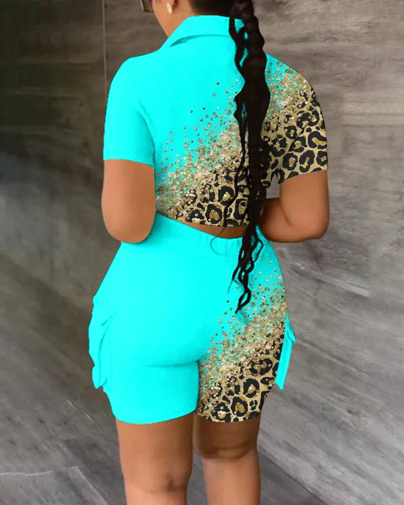 Huiketi Women Contrast Leopard Print Top High Waist Shorts Set Summer Turn Down Collar Short Sleeve Pullover T-Shirts Female 2PCS