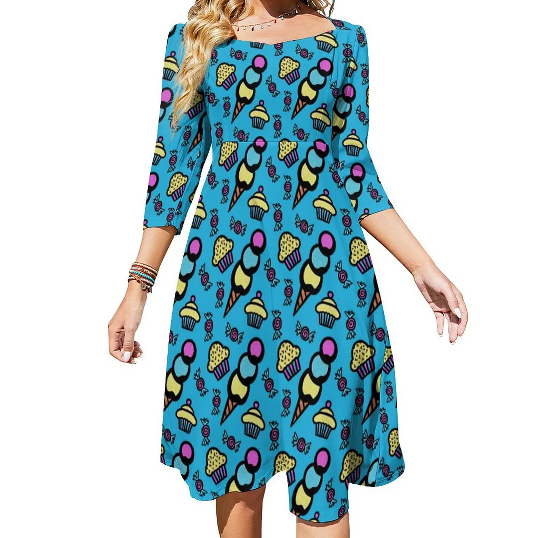 Fun Colorful Treats Of Ice Cream Cupcakes Candy Dress Sweetheart Tie Back Flared 3/4 Sleeve Midi Dresses