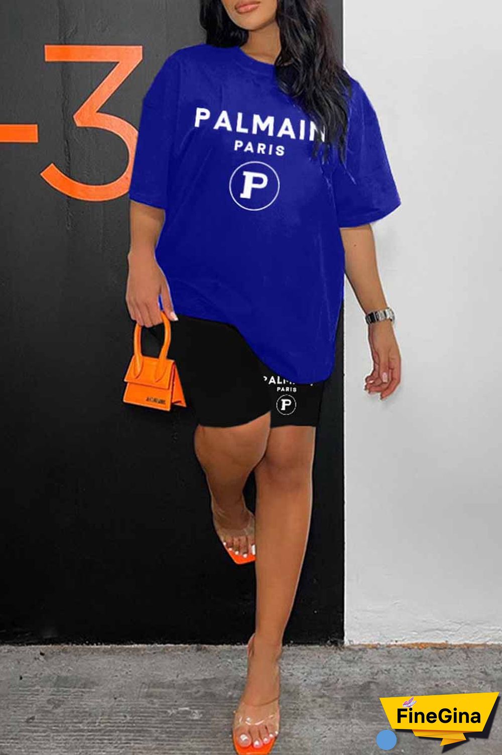 Blue Casual Print Letter O Neck Short Sleeve Two Pieces