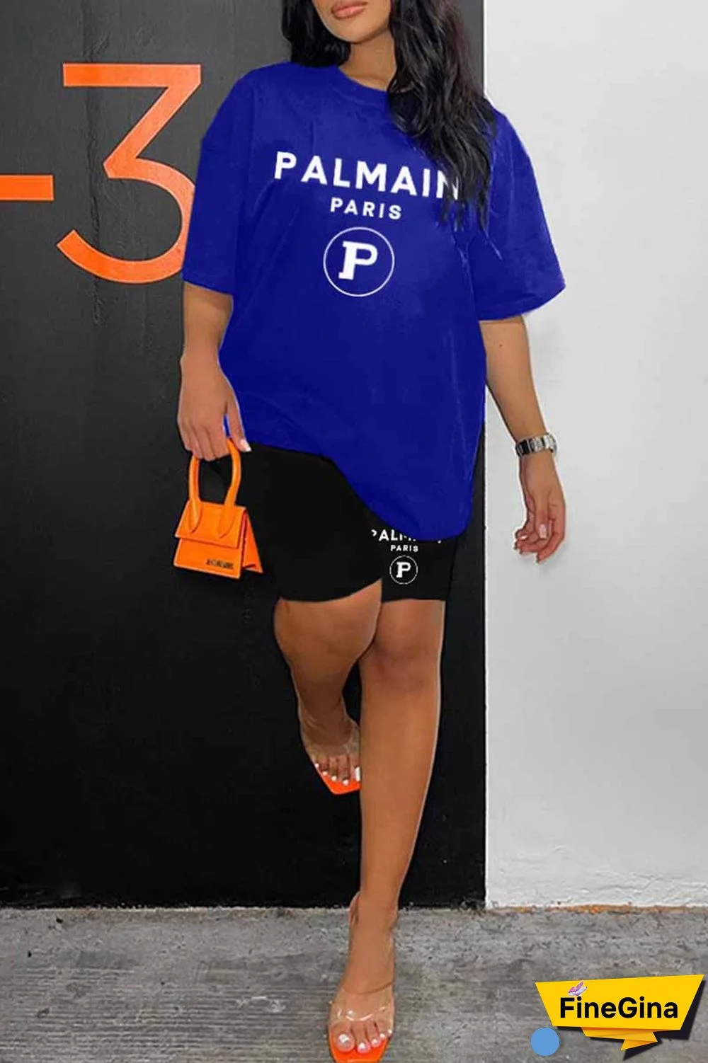 Blue Casual Print Letter O Neck Short Sleeve Two Pieces