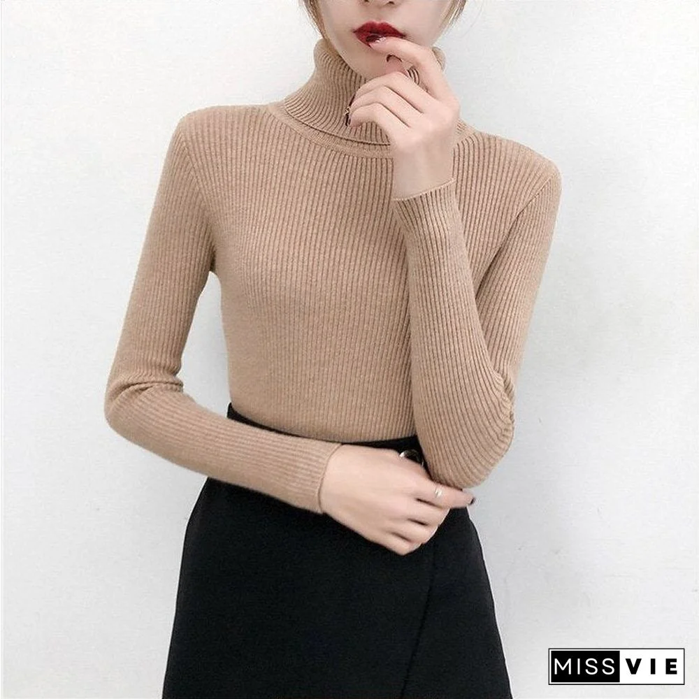 Autumn Winter Knitted Jumper Tops High-Neck Long-Sleeved Pullovers Solid Color Casual Sweaters Women Slimming Bottoming Shirt