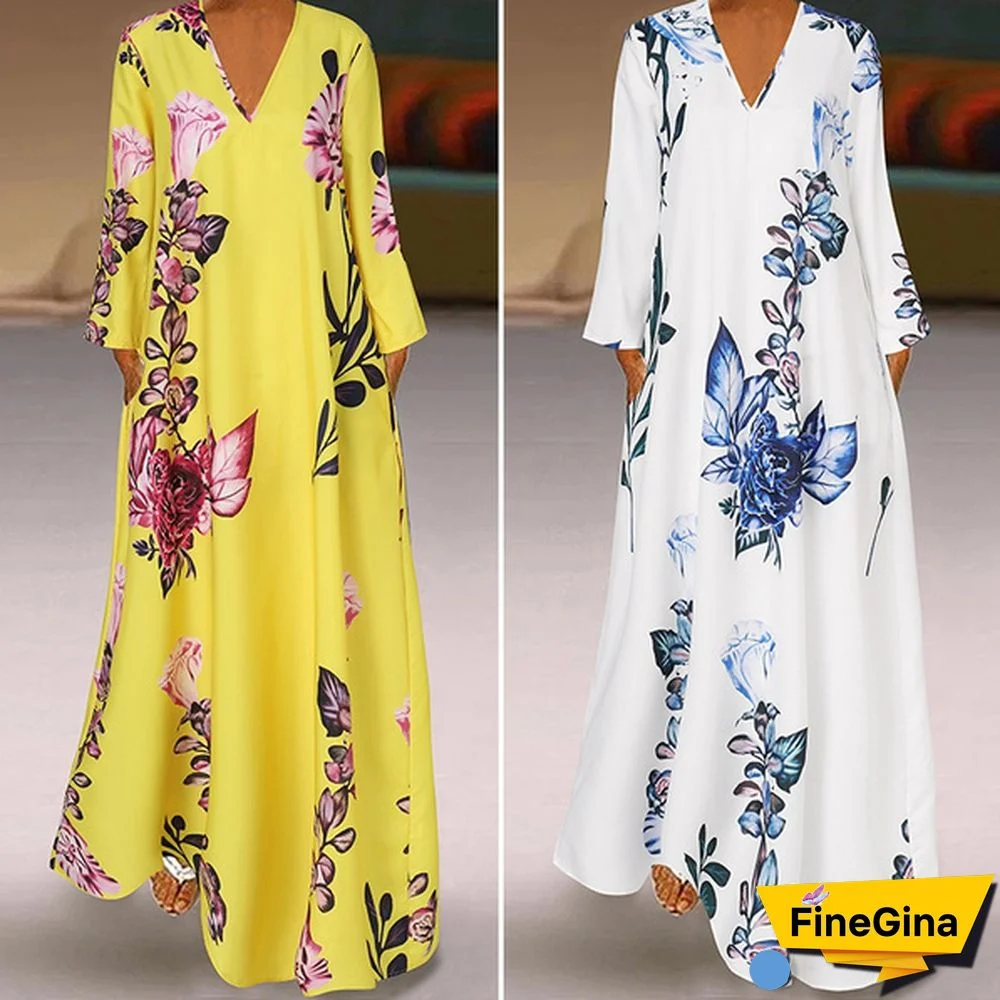 S-5XL Vintage Ladies Casual Baggy Long Shirt Dress V Neck Floral Printed Full Sleeve Holiday Dress Fall