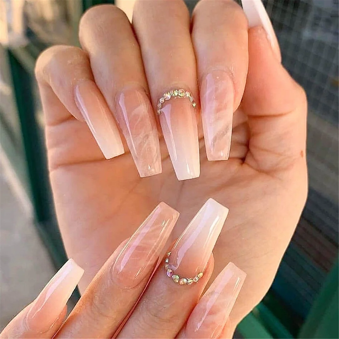 24pcs Fake Nails With Small Diamond Glue Type Long Paragraph Gradient Color Fashion Manicure Patch False Nails Press On Coffin D-Nail Inspo