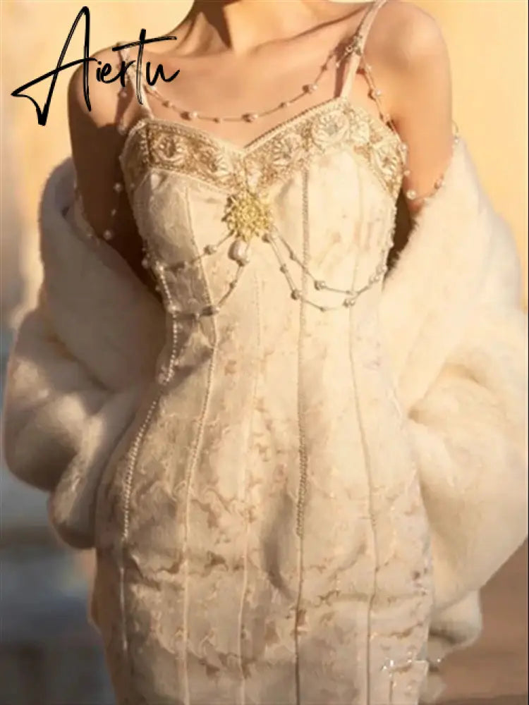Aiertu Solid Black Party Dresses Sexy Summer Boho Dress Woman Lace Backless Beach Sleeveless Runway Sundress Women Embroidery Robe Aiertu