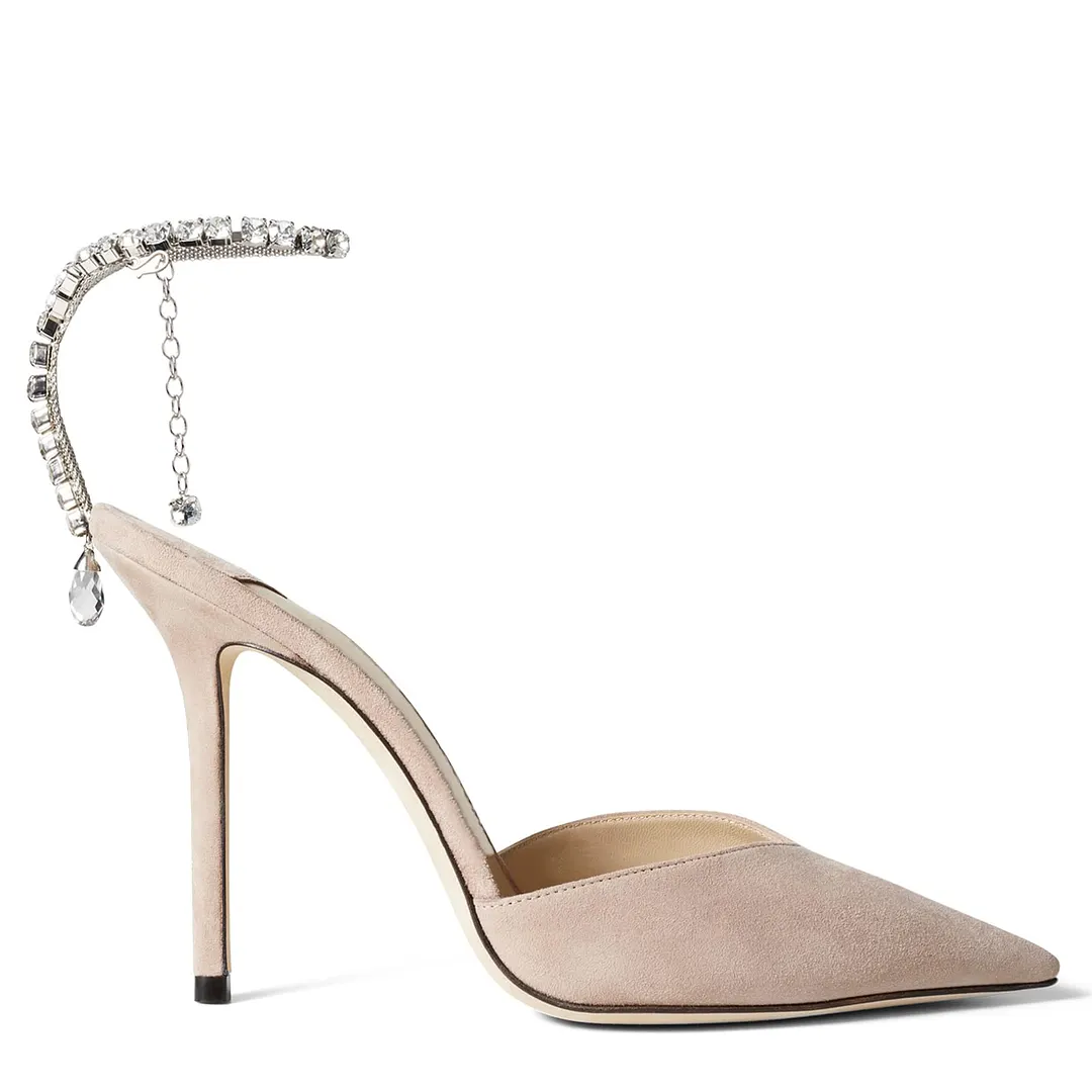100mm Women's Sandals Crystal Chain Rhinestone Embellished Strap Suede Pumps Pointy Stilettos Backless Shoes-vocosishoes