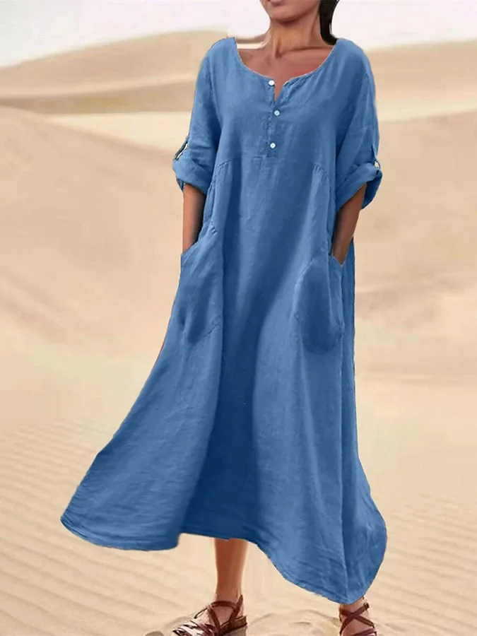 Casual Loose 3/4 Sleeve Pocket Dress