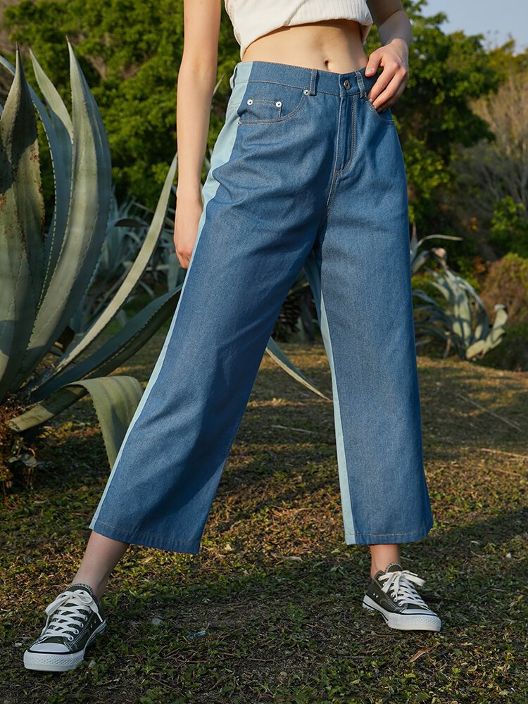Contrast Color Pocket Casual Wide Leg Denim Jeans