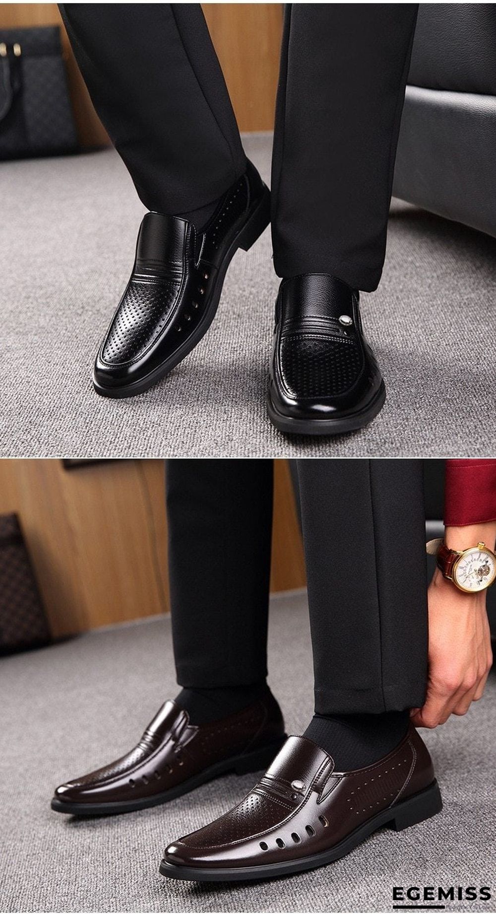 Men's Breathable Slip-On Hollow Leather Classic Business Wedding Shoes Flat Shoes | EGEMISS