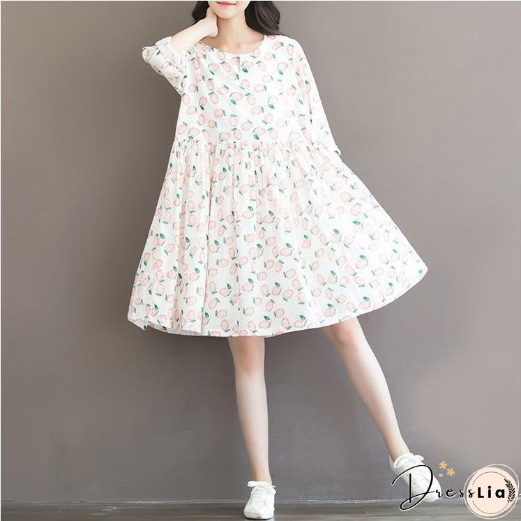 Sweet peach print cotton dress loose casual style traveling dresses
