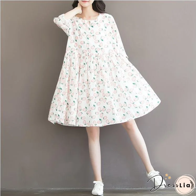 Sweet peach print cotton dress loose casual style traveling dresses